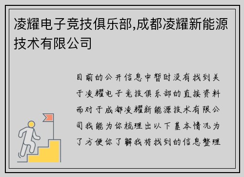 凌耀电子竞技俱乐部,成都凌耀新能源技术有限公司